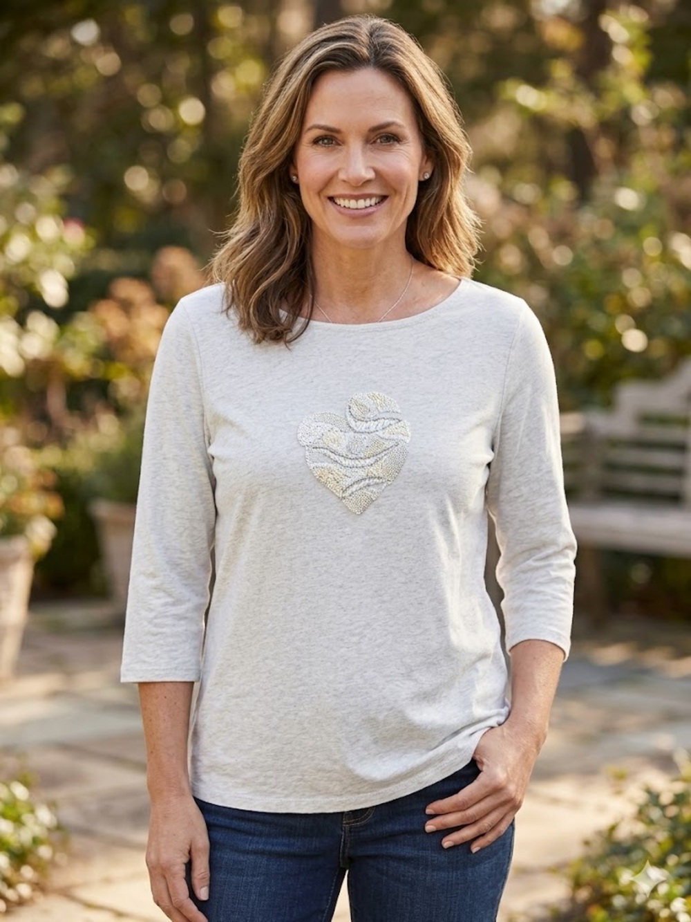 Coldwater Creek Heathered Cream Heart Sequin 3/4 Sleeve Top Large